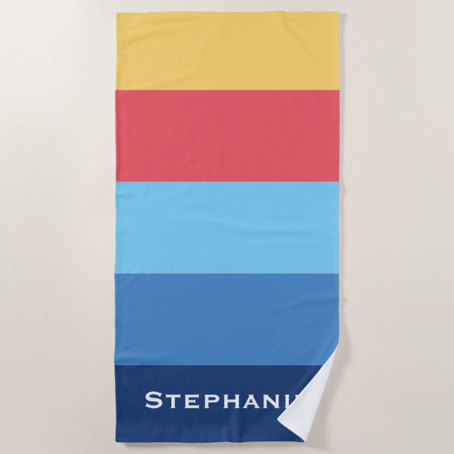 Farbenfrohe blaue, orange Abstrakte Streifen Name Strandtuch (Vorderseite)