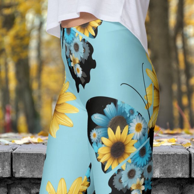 Farbenfrohe blaue Schmetterlingsmuster Leggings (Butterfly Flowers on Robin Egg Blue)
