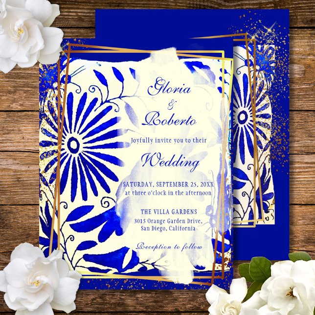 Farbenfrohe blaue Talavera mexikanische Hochzeit Einladung (Von Creator hochgeladen)