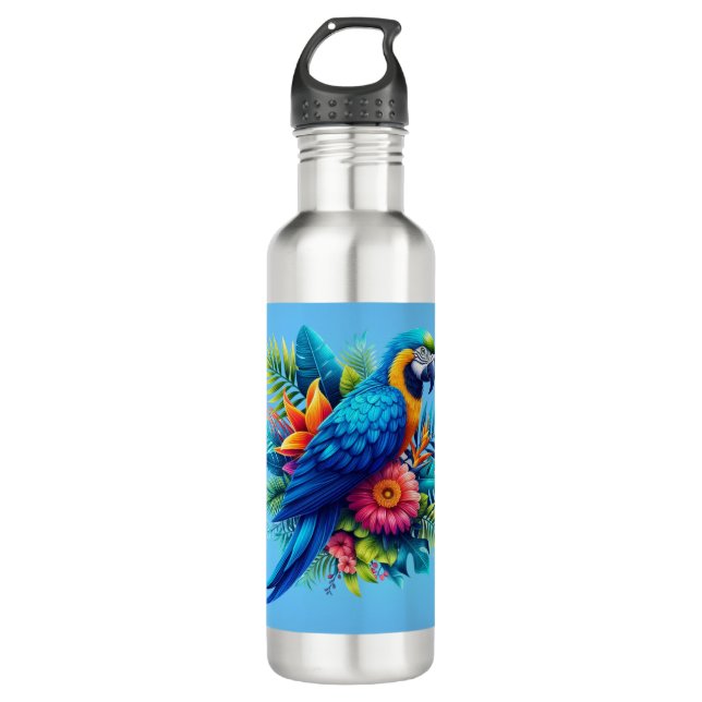 Farbenfrohe, blaue tropische Maca Edelstahlflasche (Vorderseite)