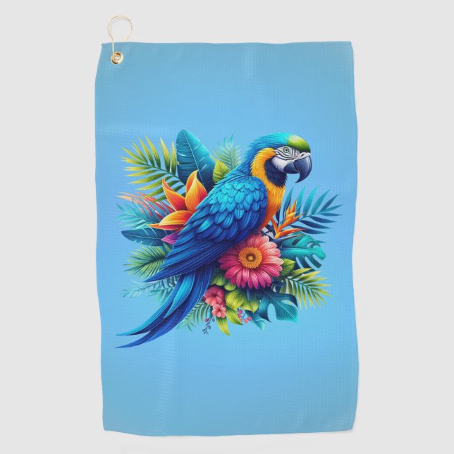 Farbenfrohe, blaue tropische Maca Golfhandtuch (Vorderseite)