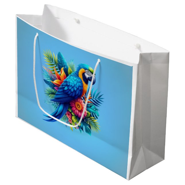 Farbenfrohe, blaue tropische Maca Große Geschenktüte (Vorderseite Schrägansicht)