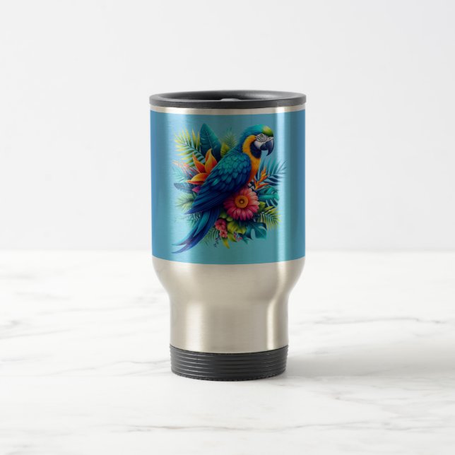 Farbenfrohe, blaue tropische Maca Reisebecher (Mittel)