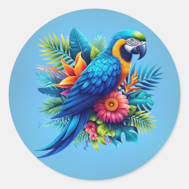Farbenfrohe, blaue tropische Maca Runder Aufkleber (Vorderseite)