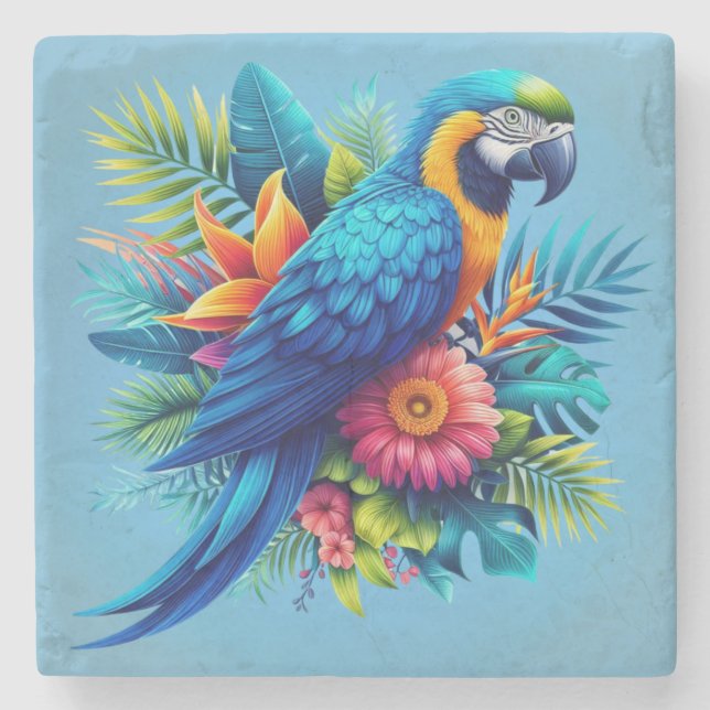 Farbenfrohe, blaue tropische Maca Steinuntersetzer (Vorderseite)