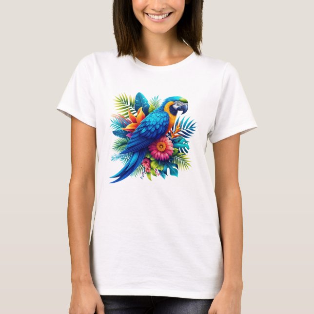 Farbenfrohe, blaue tropische Maca T-Shirt (Vorderseite)