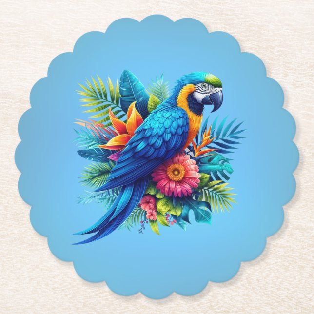 Farbenfrohe, blaue tropische Maca Untersetzer (Vorderseite)
