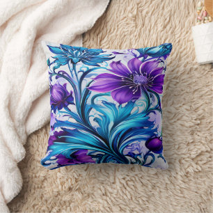 Farbenfrohe blaue und Lila Blumenkunst Kissen