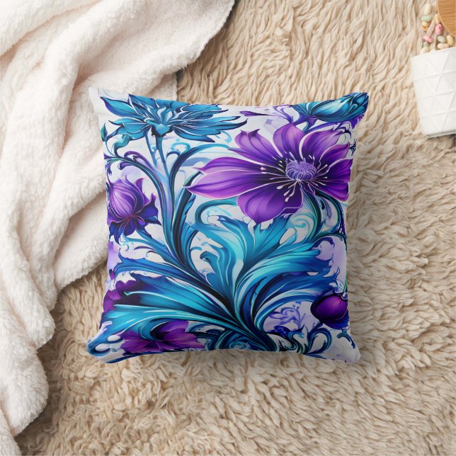 Farbenfrohe blaue und Lila Blumenkunst Kissen (Decke)
