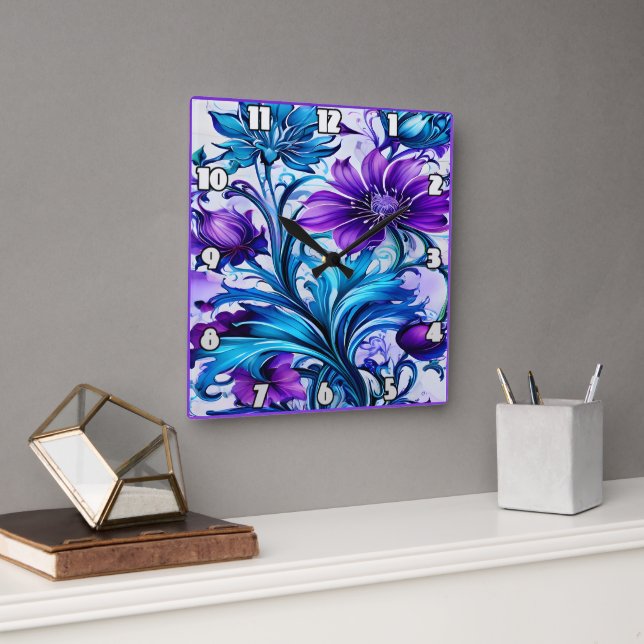 Farbenfrohe blaue und Lila Blumenkunst Quadratische Wanduhr (Büro)