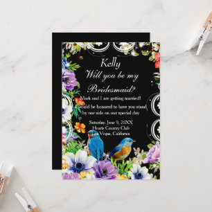Farbenfrohe blaue Vögel und botanische Blumenbräut Einladung