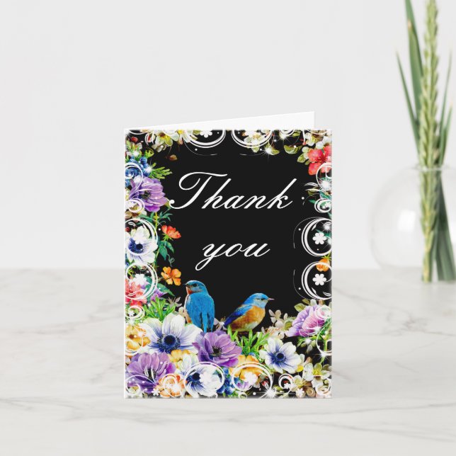 Farbenfrohe blaue Vögel und botanische Flora Viele Dankeskarte (Vorderseite)