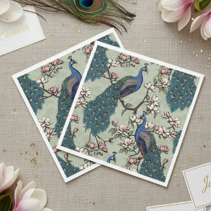 Farbenfrohe Blaupfaue und Magnolische Weite Grün Serviette