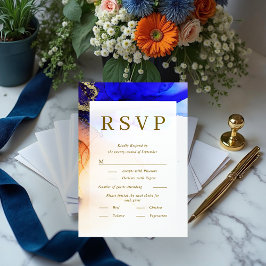 Farbenfrohe Blue Orange Gold Wedding RSVP Card Karte