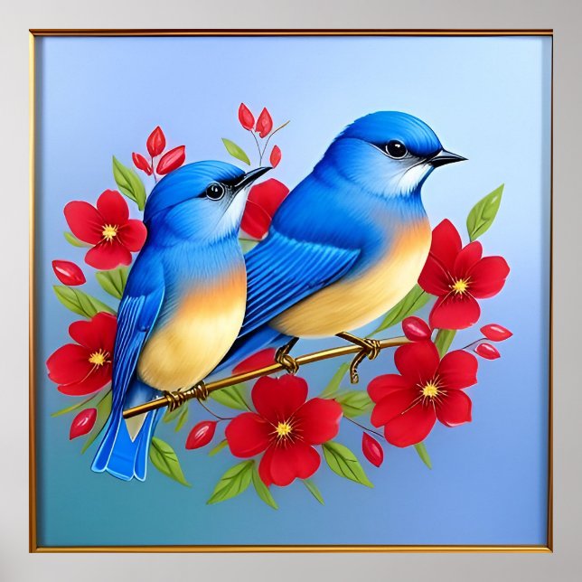 Farbenfrohe Bluebirds unter den roten Blume Poster (Vorne)