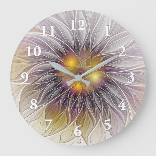 Farbenfrohe Blume, Abstrakt modernes Fraktal Große Wanduhr (Vorderseite)