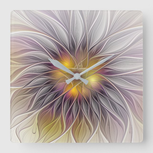Farbenfrohe Blume, Abstrakt modernes Fraktal Quadratische Wanduhr (Vorderseite)