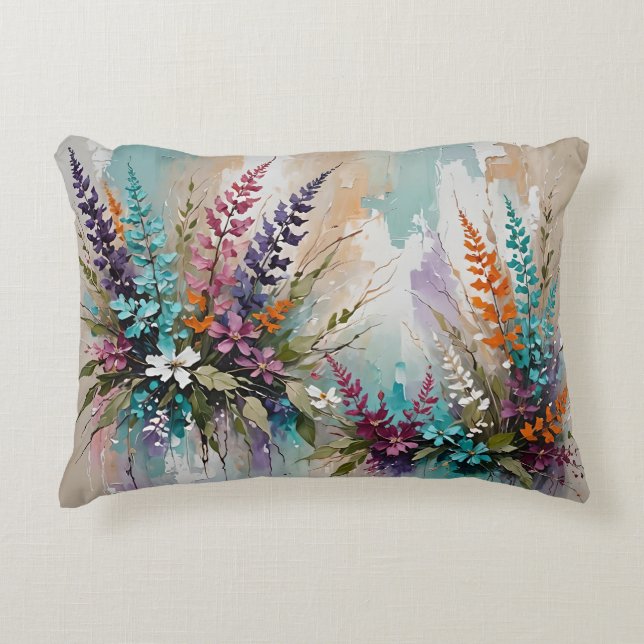 Farbenfrohe Blume auf blaubeige weiße Lavendel Dekokissen (Vorderseite)