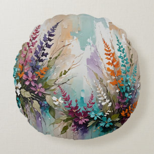 Farbenfrohe Blume auf blaubeige weiße Lavendel Rundes Kissen