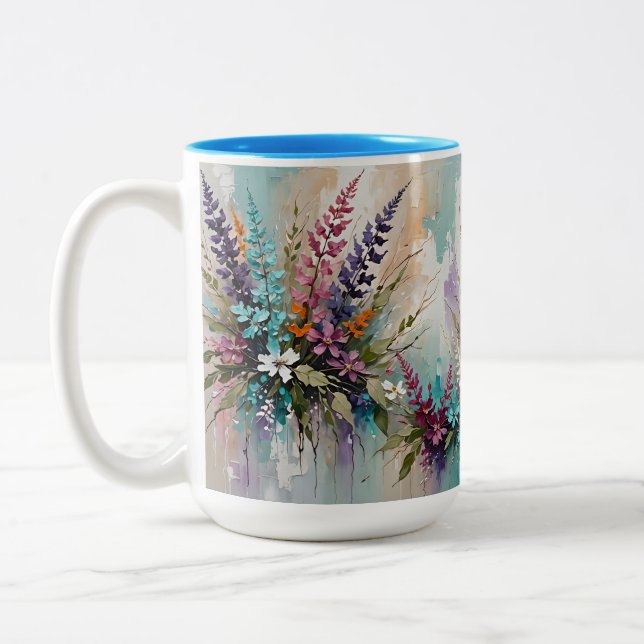 Farbenfrohe Blume auf blaubeige weiße Lavendel Zweifarbige Tasse (Links)