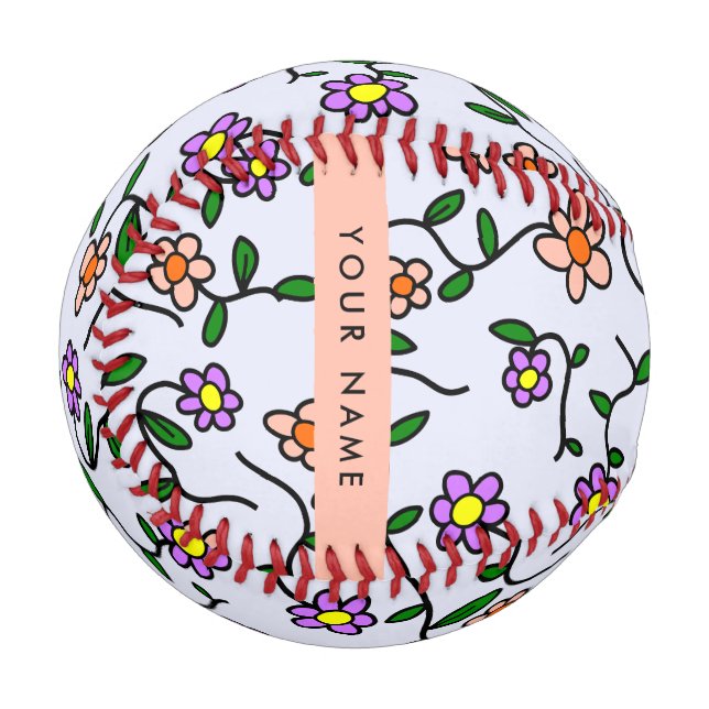 Farbenfrohe Blume, blauer Hintergrund, orange Baseball (Vorderseite Links)