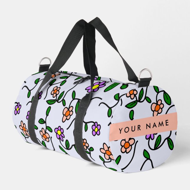 Farbenfrohe Blume, blauer Hintergrund, orange Duffle Bag (Linke Seite)
