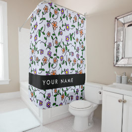 Farbenfrohe Blume, blauer Hintergrund, schwarz Duschvorhang