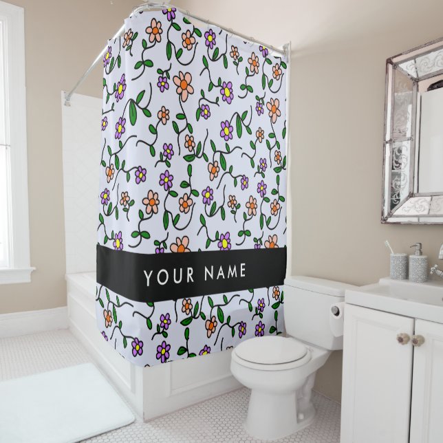 Farbenfrohe Blume, blauer Hintergrund, schwarz Duschvorhang (Beispiel)