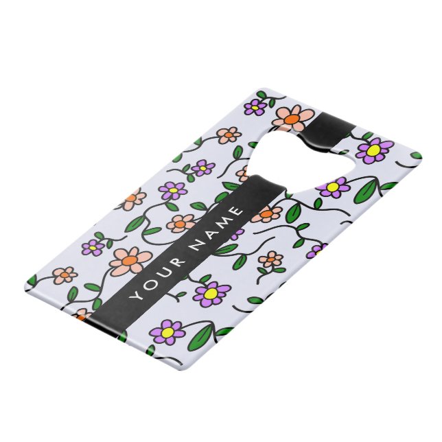 Farbenfrohe Blume, blauer Hintergrund, schwarz Geldbeutel Flaschenöffner (Vorderseite Schrägansicht)