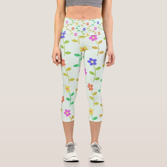 Farbenfrohe Blume, Blumenmuster, Grüne, Boho Capri Leggings (Vorderseite)