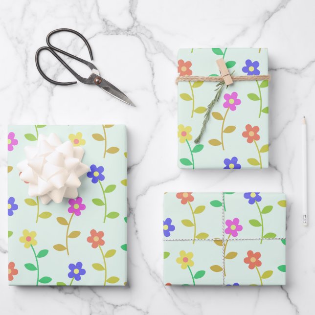Farbenfrohe Blume, Blumenmuster, Grüne, Boho Geschenkpapier Set (Vorderseite)