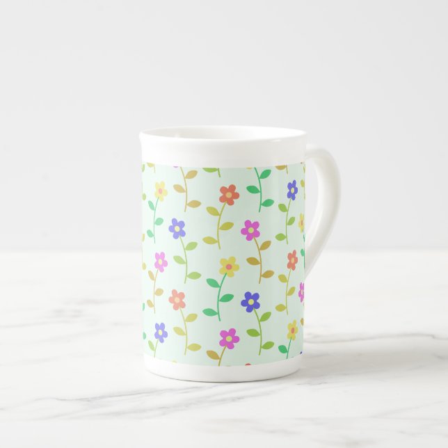 Farbenfrohe Blume, Blumenmuster, Grüne, Boho Prozellantasse (Vorderseite Rechts)
