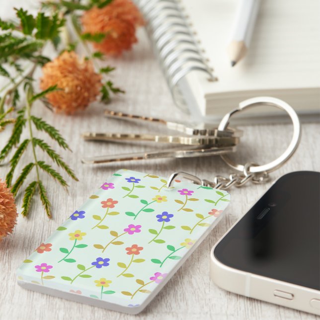 Farbenfrohe Blume, Blumenmuster, Grüne, Boho Schlüsselanhänger (Vorderseite rechts)