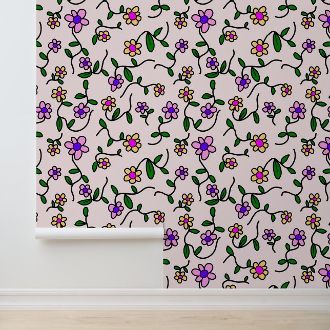 Farbenfrohe Blume, Blumenmuster, Grüne, Boho Tapete (Anwendung)