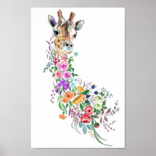 Farbenfrohe Blume Bouquet Giraffe - Zeichnend Blum Poster