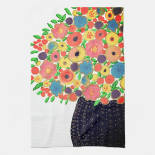 Farbenfrohe Blume Bouquet in der Black Boho Vase Geschirrtuch
