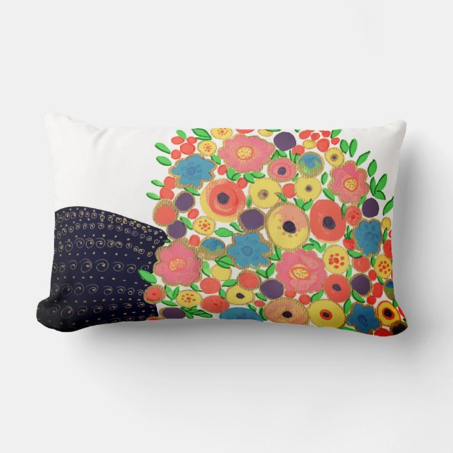 Farbenfrohe Blume Bouquet in der Black Boho Vase Lendenkissen (Vorderseite)