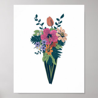 Farbenfrohe Blume Bouquet in einer konischen Vase Poster