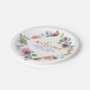 Farbenfrohe Blume Bouquets Rahmen Hochzeit Willkom Pappteller