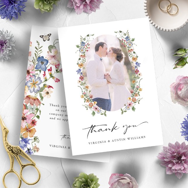 Farbenfrohe Blume Danke Karte (Colorful Watercolor Wildflower Wedding Thank You Photo Card by Painted Paperie)