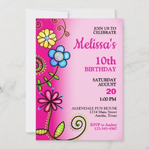 Farbenfrohe Blume Doodles Geburtstagsparty Einladu Einladung