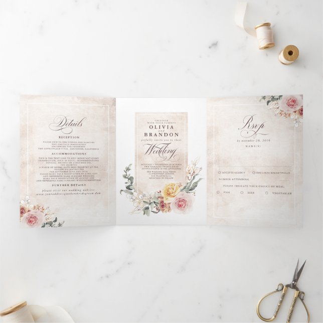Farbenfrohe Blume Elegante Hochzeit Dreifach Gefaltete Einladung (Innenseite)