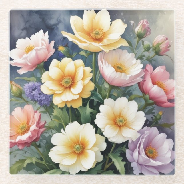 Farbenfrohe Blume Elegante Wasserfarben-Malerei Glasuntersetzer (Vorderseite)