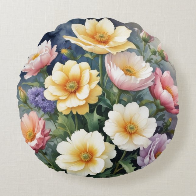 Farbenfrohe Blume Elegante Wasserfarben-Malerei Rundes Kissen (Vorderseite)