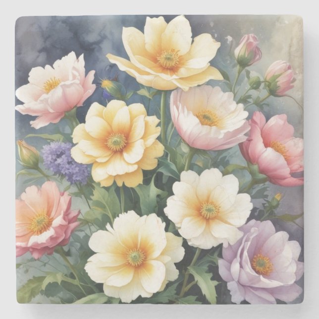 Farbenfrohe Blume Elegante Wasserfarben-Malerei Steinuntersetzer (Vorderseite)