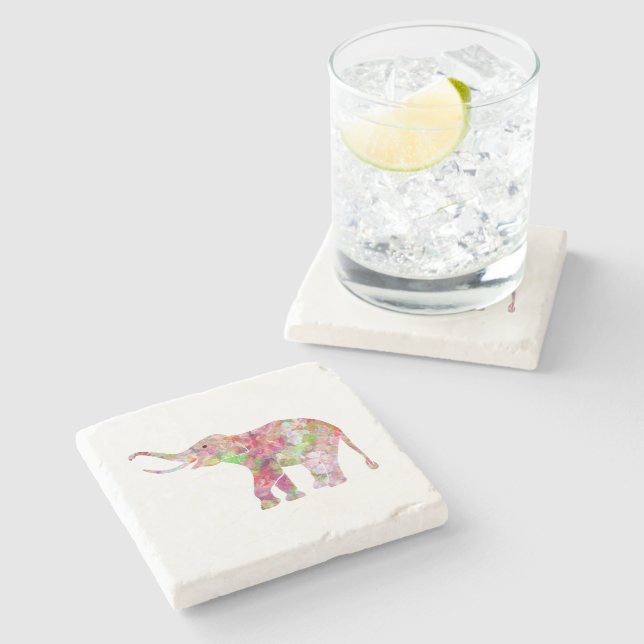 Farbenfrohe Blume Elephant Illustration Steinuntersetzer (Seitenansicht)