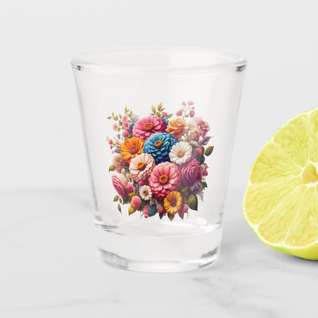 Farbenfrohe Blume/Frühling Zinnia/Rose Schnapsglas (Vorderseite)