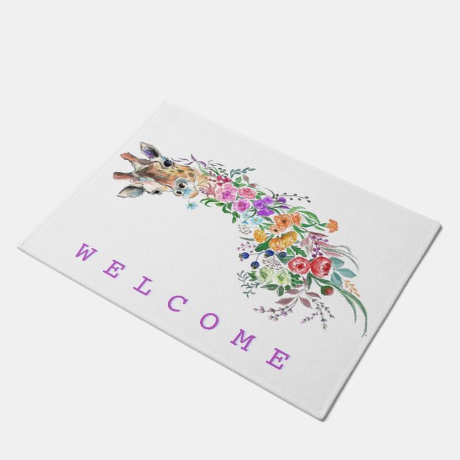 Farbenfrohe Blume Giraffe Doormat - Willkommen Fußmatte (Schrägansicht)