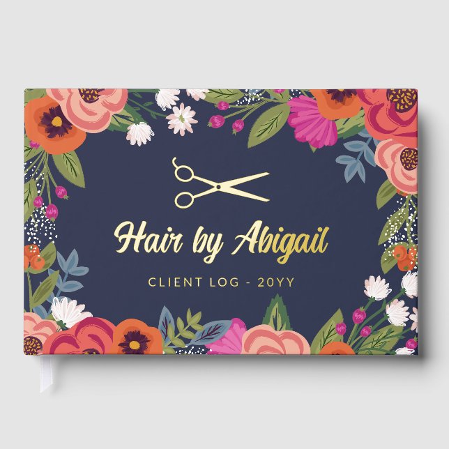 Farbenfrohe Blume Goldschere Friseur Salon Gästebuch (Vorderseite)