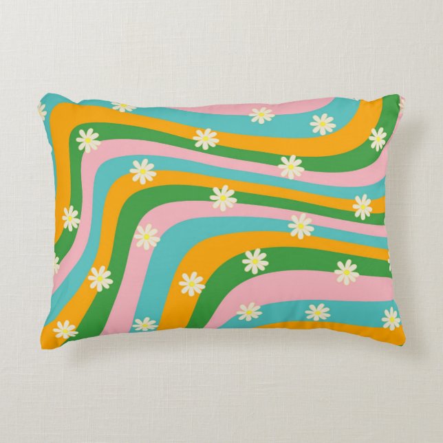 Farbenfrohe Blume Groovy Streifen Boho Muster Dekokissen (Vorderseite)